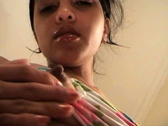 Small Tit Brunette Amateur Tugs On A Big Willie
